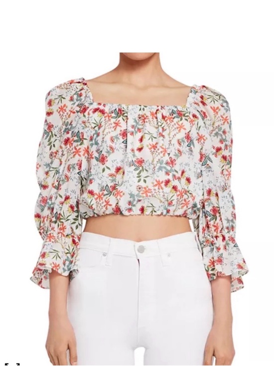 Alice + Olivia Tops - Alice + Olivia White Floral Smocked Crop Top with Red & Green Accents Sz XS